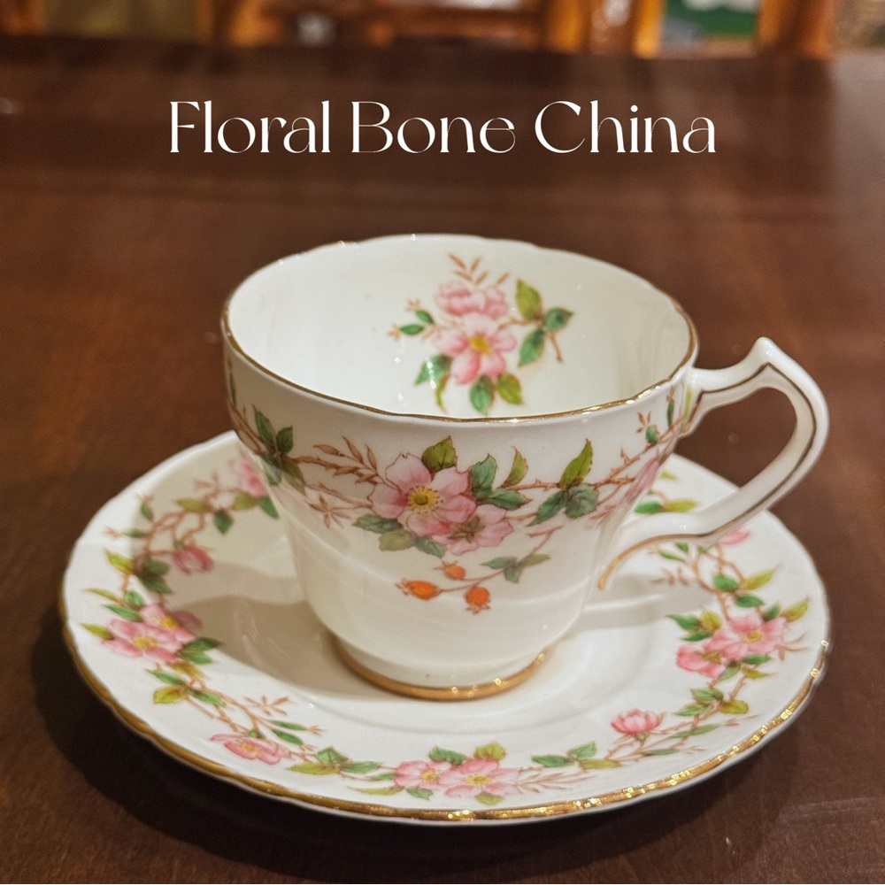 Floral Bone China Teacup and Saucer Set - White and Pink